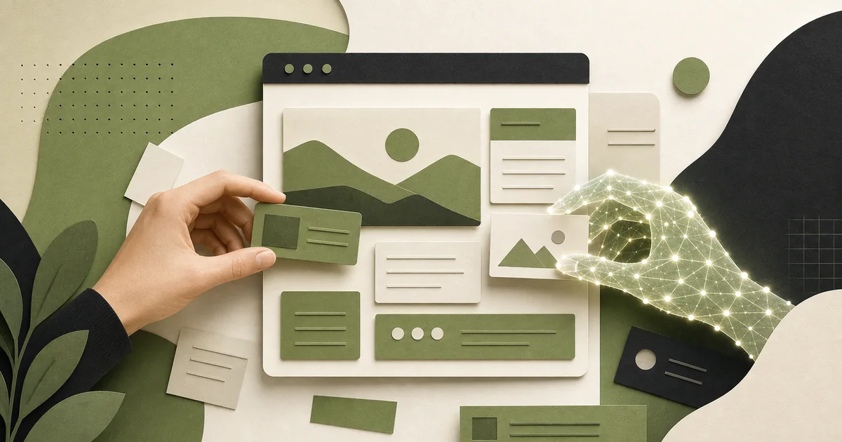 A human hand and a luminous digital hand assembling a website together
