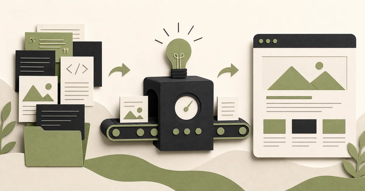 Illustrated content blocks passing through a website-building machine